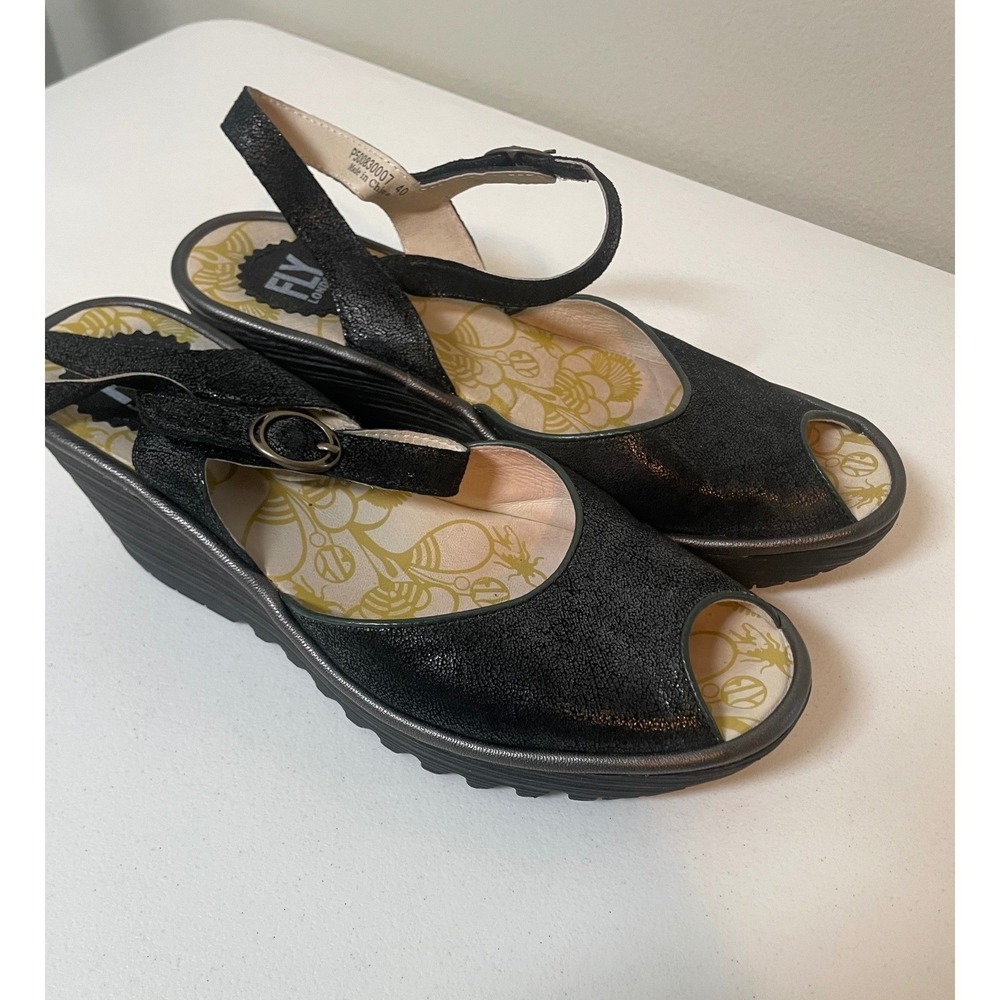 Fly London Wedge Sandals Women's 40 9 Black Metallic Peep Toe Slingback Shoes